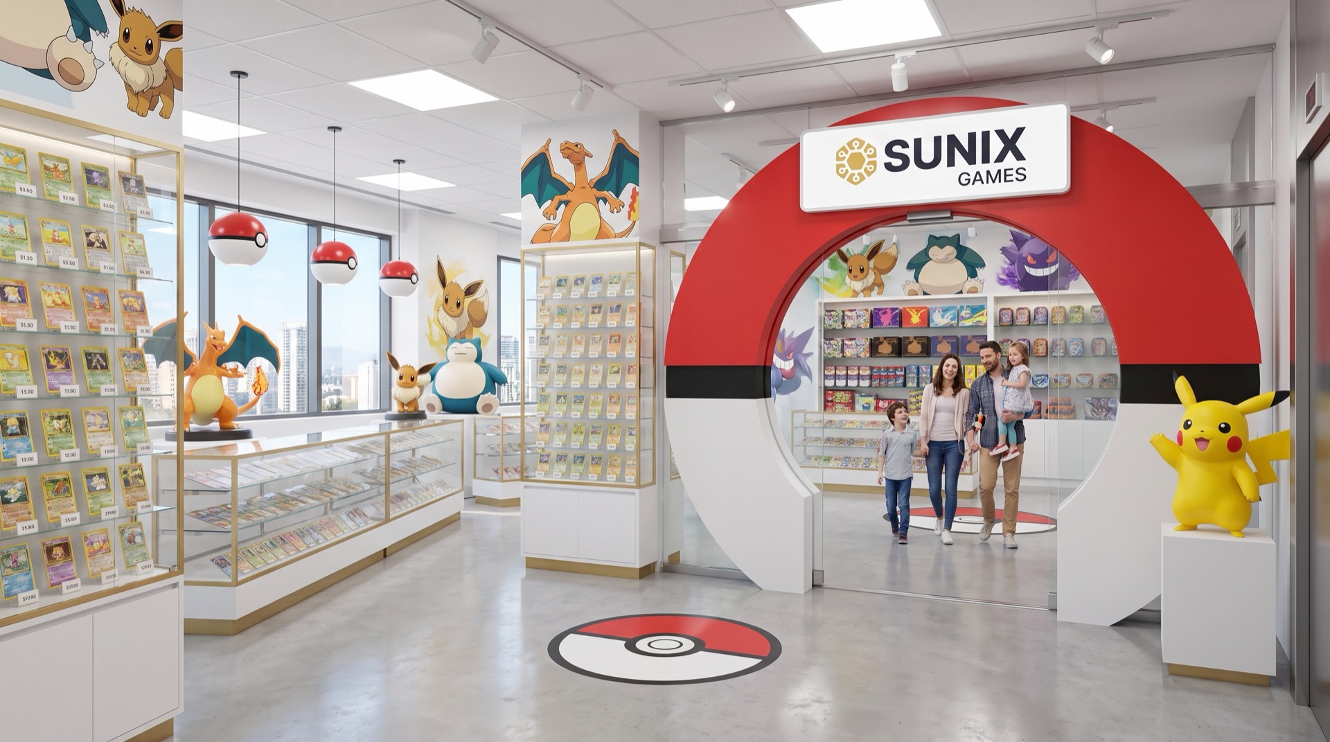 Portal de entrada con forma de Poké Ball al abrirse el ascensor en el piso 4, con una estatua de Pikachu