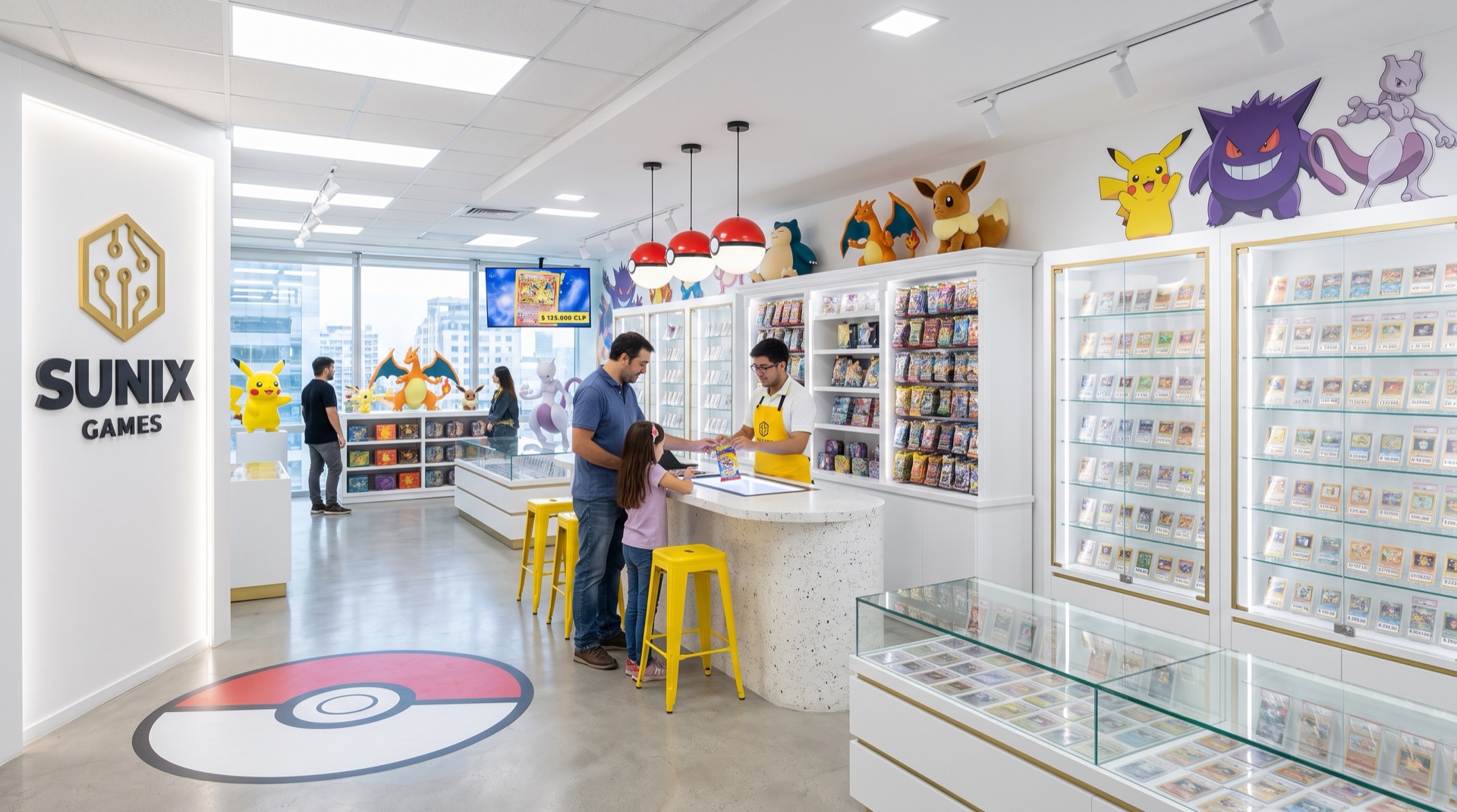 Pack bar con lámparas Poké Ball donde una niña abre un sobre y la pantalla muestra el valor de su carta