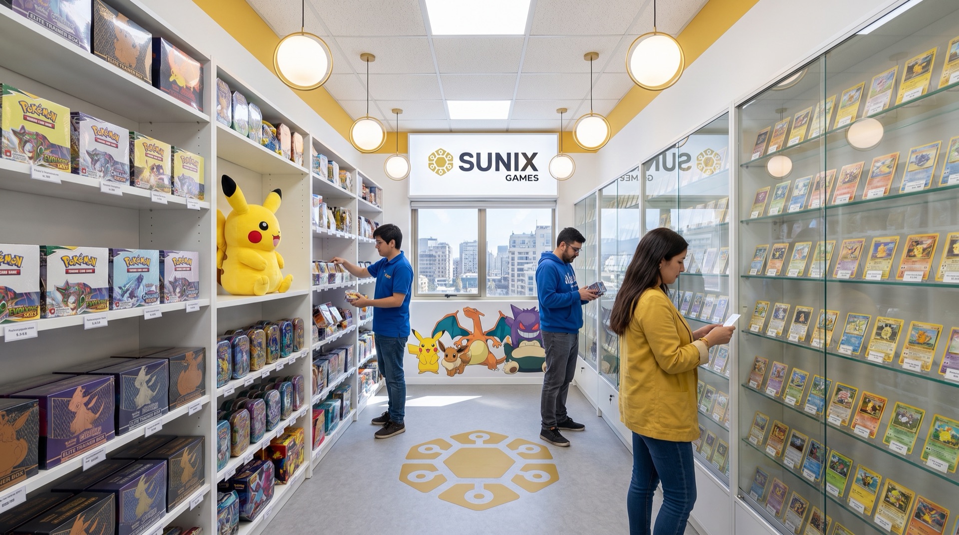 Pasillo de la tienda con muro de sellado a un lado y vitrinas de cartas al otro, estilo Akihabara