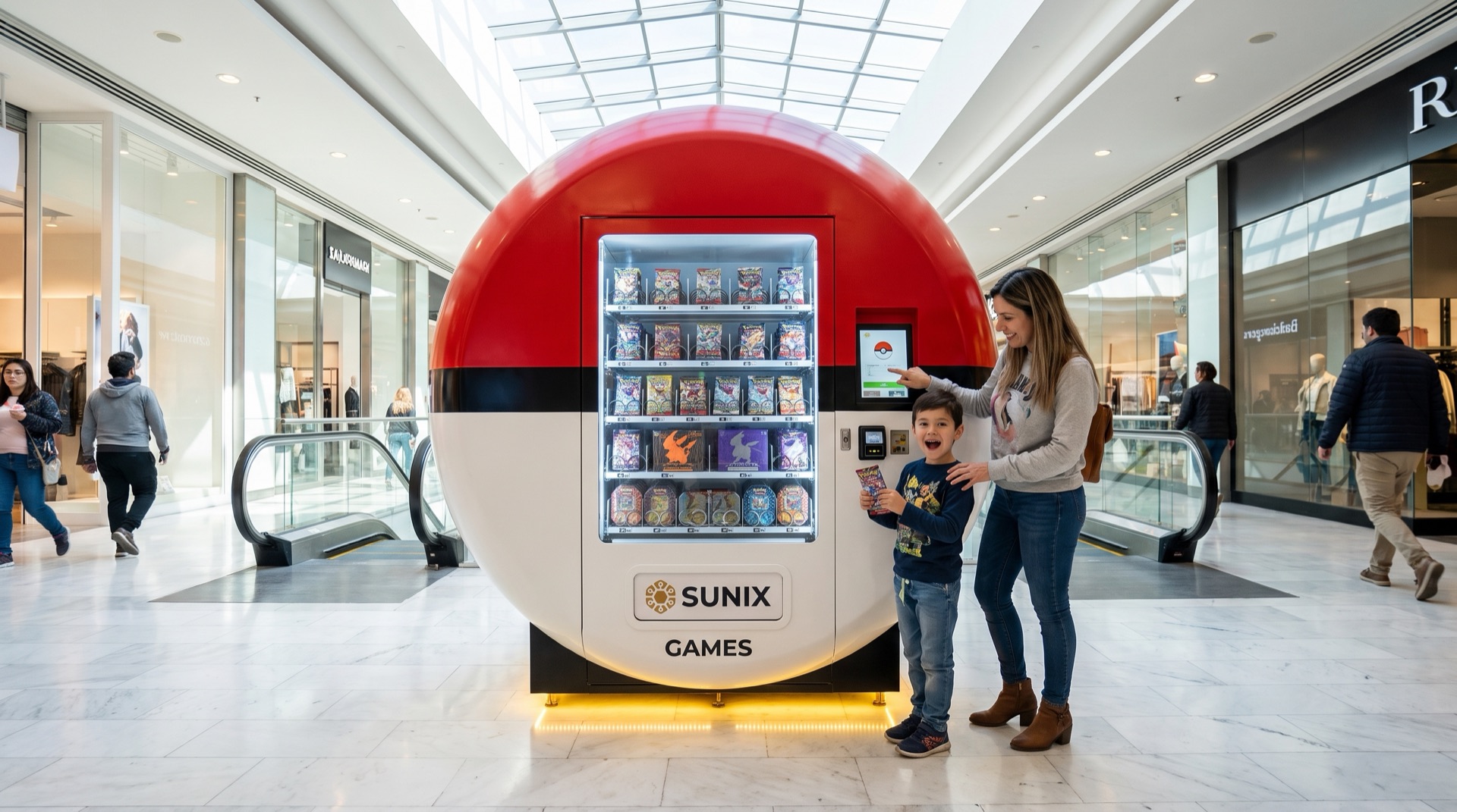 Máquina vending con forma de Poké Ball en el pasillo de un mall, una madre y su hijo comprando un sobre